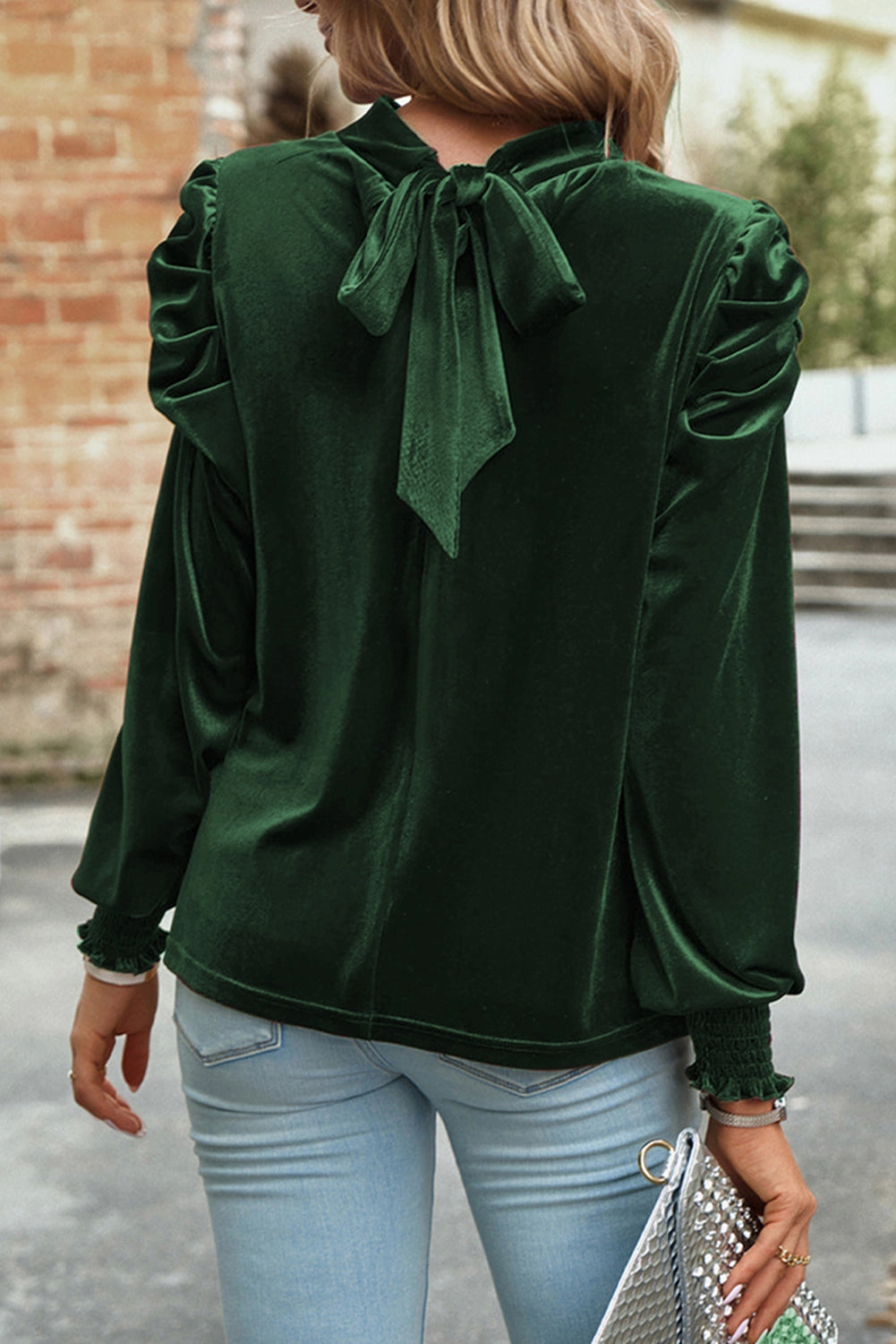 Peach Blossom Mock Keyhole Neck Puff Sleeve Velvet Blouse