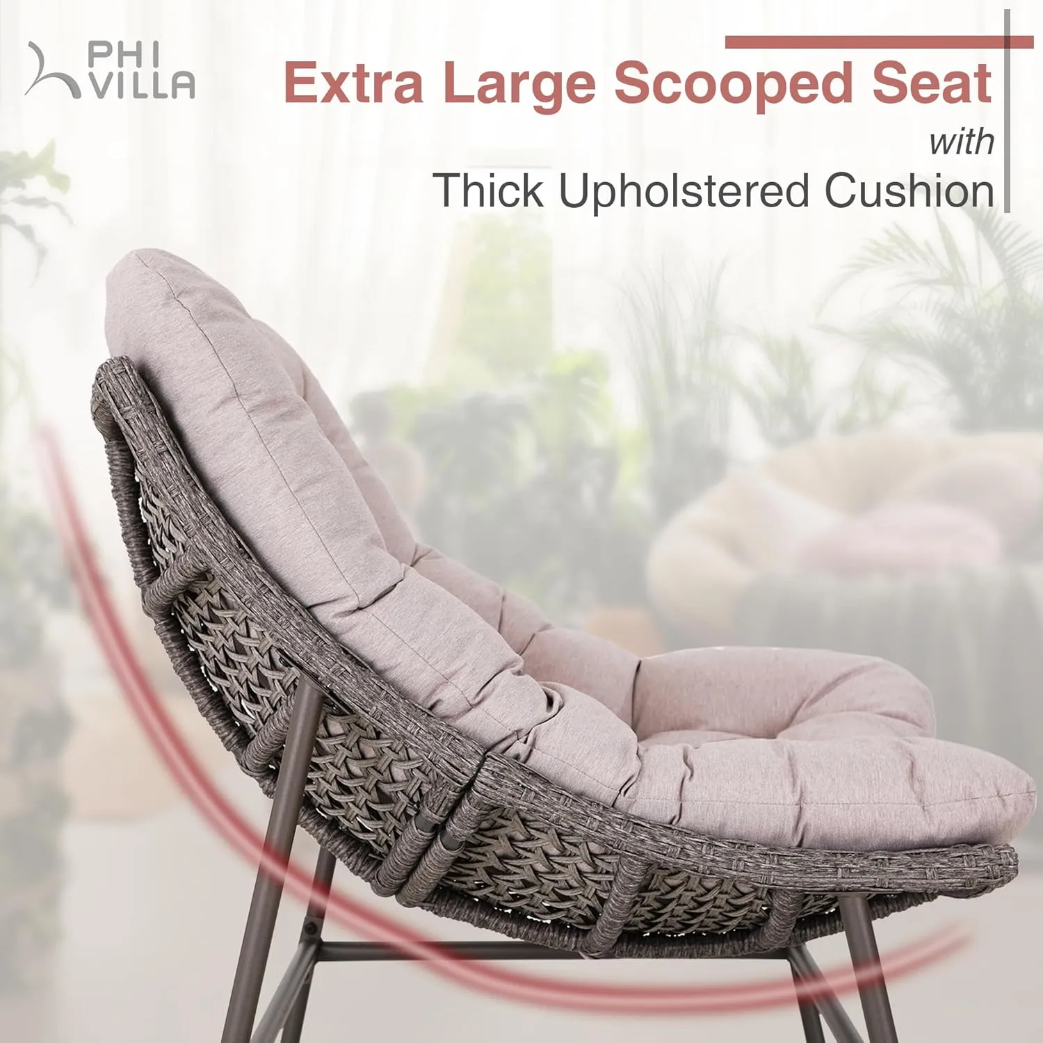 PHI VILLA Outdoor Papasan Chairs Set of 2, Oversized Scoop Wicker Chairs with Cushions & Steel Frame, Double Comfy Conversation Reading Furniture for Apartment Patio, Porch, Deck, Balcony
