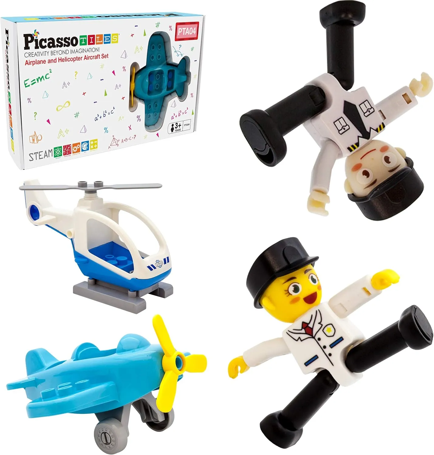 PicassoTiles Magnetic Figures 4 Piece Aircraft and Action Figure Magnet Airplane and Helicopter Expansion Pack Toddler Toy Set Educational Learning Kit Pretend Playset for Construction Building Block