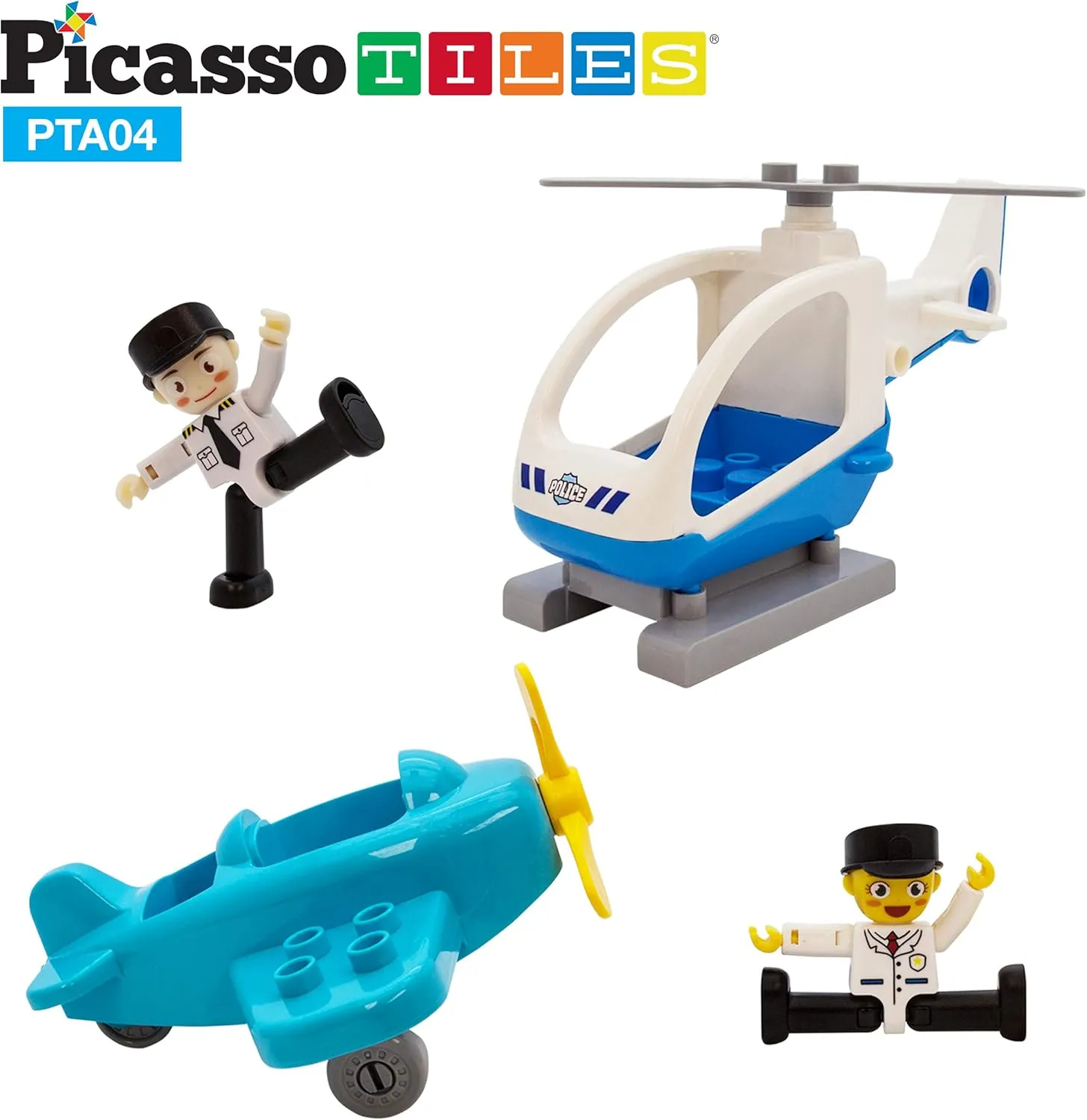 PicassoTiles Magnetic Figures 4 Piece Aircraft and Action Figure Magnet Airplane and Helicopter Expansion Pack Toddler Toy Set Educational Learning Kit Pretend Playset for Construction Building Block