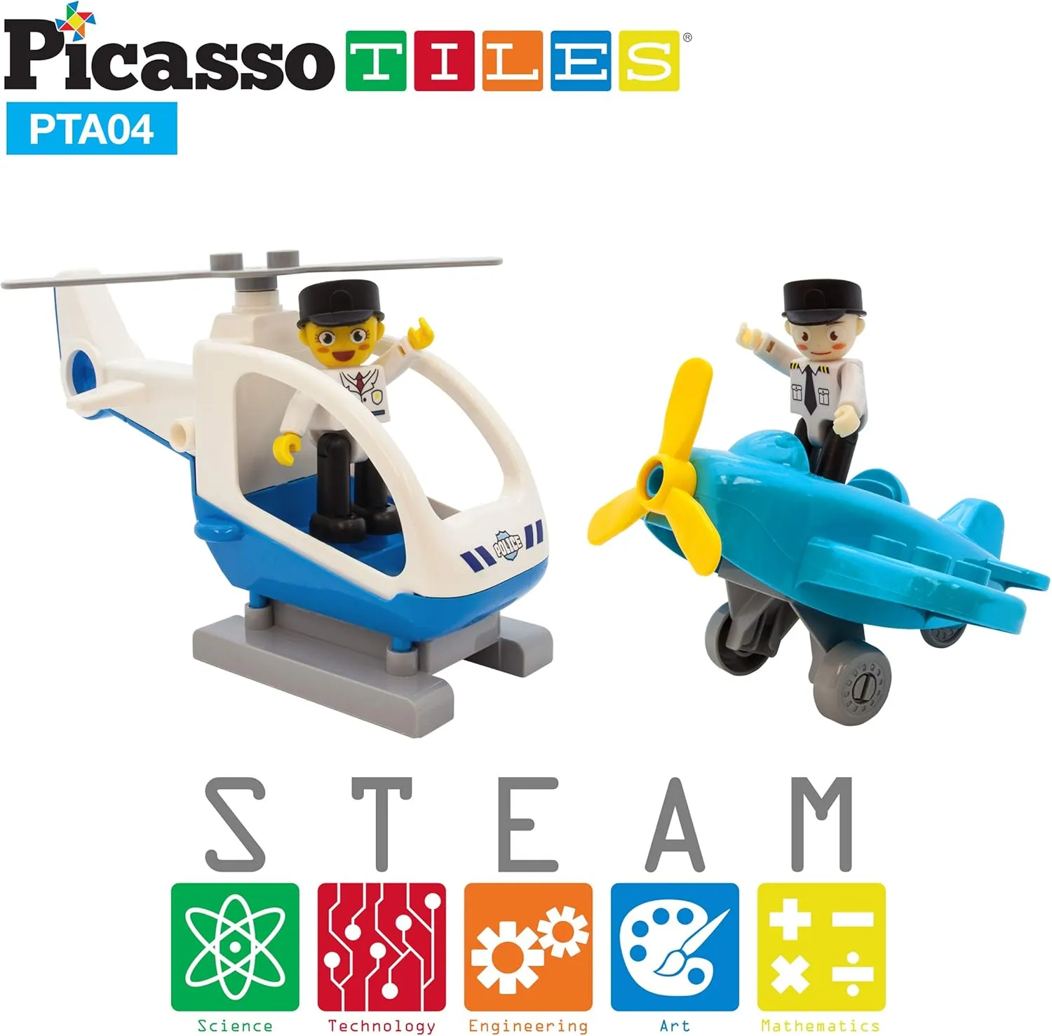 PicassoTiles Magnetic Figures 4 Piece Aircraft and Action Figure Magnet Airplane and Helicopter Expansion Pack Toddler Toy Set Educational Learning Kit Pretend Playset for Construction Building Block