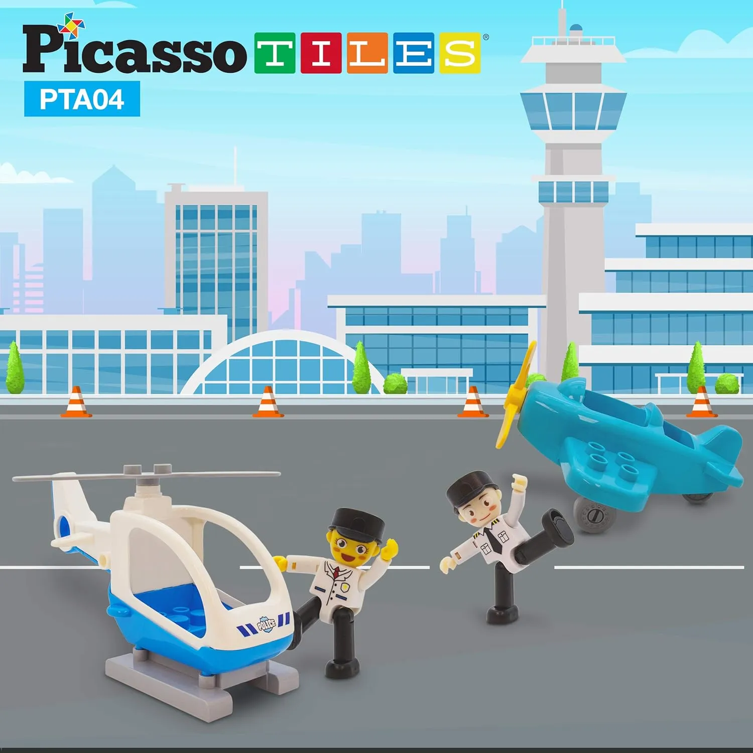 PicassoTiles Magnetic Figures 4 Piece Aircraft and Action Figure Magnet Airplane and Helicopter Expansion Pack Toddler Toy Set Educational Learning Kit Pretend Playset for Construction Building Block