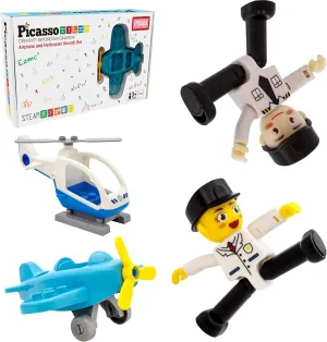 PicassoTiles Magnetic Figures 4 Piece Aircraft and Action Figure Magnet Airplane and Helicopter Expansion Pack Toddler Toy Set Educational Learning Kit Pretend Playset for Construction Building Block