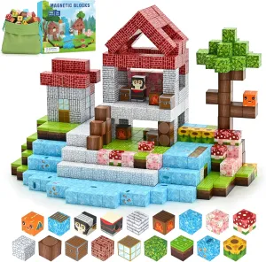 PINKCAT 100 PCS Magnetic Blocks Building Blocks Set, Grassland Natural World Magnetic Building Cubes for Toddler Boys Girls, Holiday Easter Birthday Present Construction Stacking Building Toys