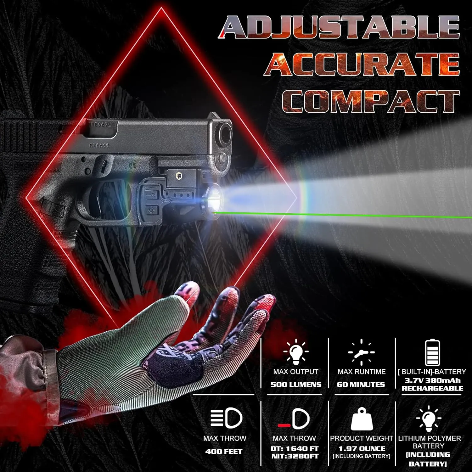 Pistol Light With Laser, Weapon Accessories Gun Tactical Combo for Pistols, Handgun Flashlight With 500 Lumens LED and Green Laser, Magnetic Rechargeable Lithium Batteries