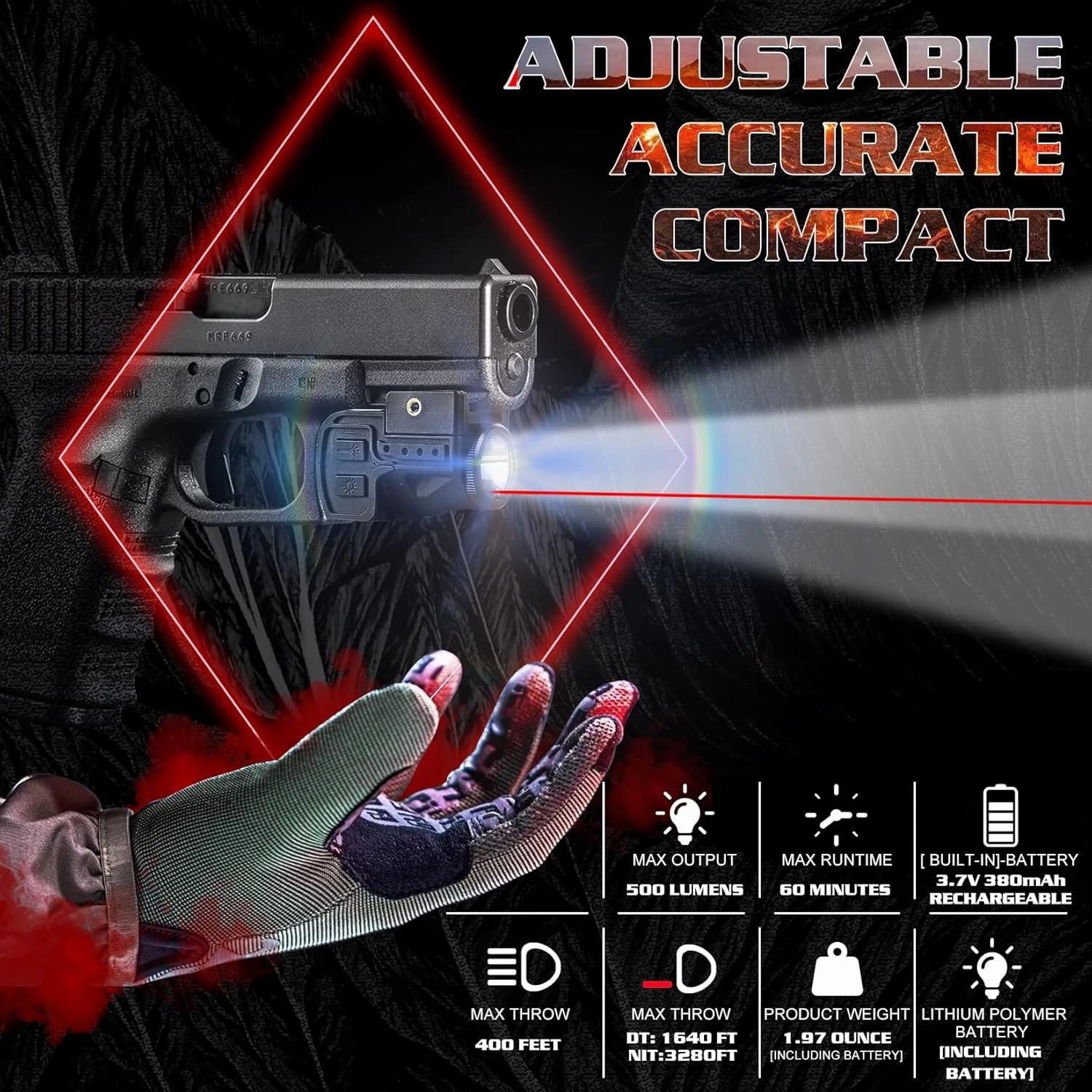 Pistol Light With Laser, Weapon Accessories Gun Tactical Combo for Pistols, Handgun Flashlight With 500 Lumens LED and Green Laser, Magnetic Rechargeable Lithium Batteries