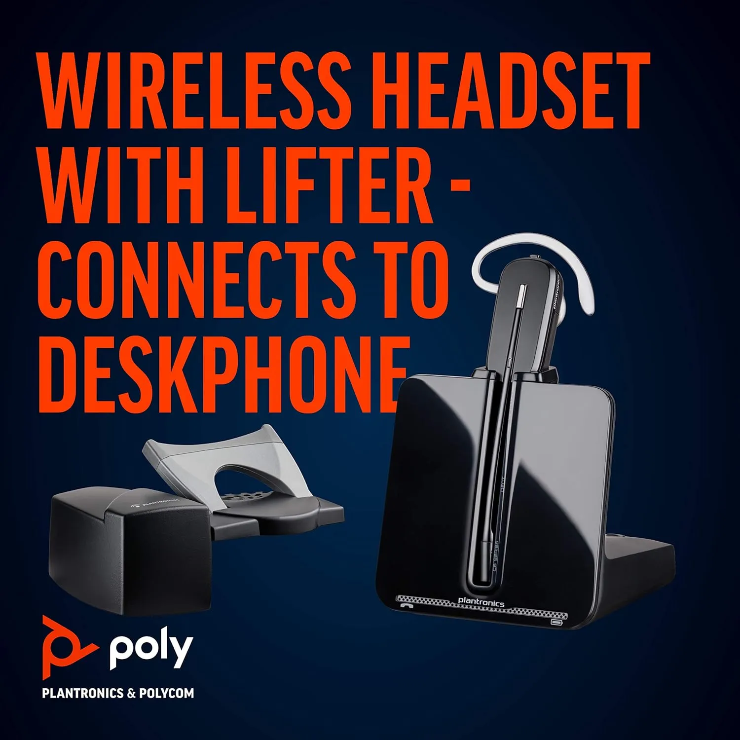 Plantronics - CS540 Wireless DECT Headset with Lifter (Poly) - Single Ear (Mono) Convertible (3 wearing styles) - Connects to Desk Phone - Noise Canceling Microphone