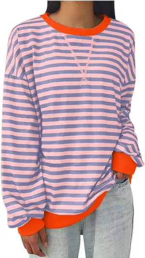 Plus Size Tops for Women 2024 Trendy Long Sleeve Striped Crewneck Sweatshirt Loose Fit Pullover Preppy Top Y2K Outfit