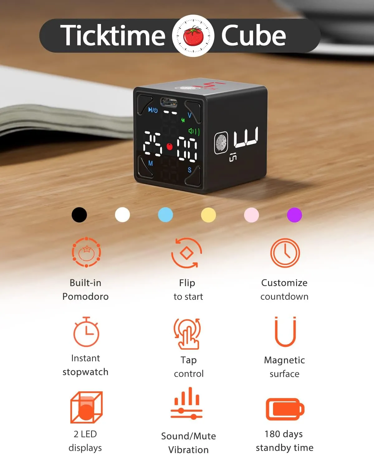Pomodoro Timer Cube, Digital Productivity Timer, Pause & Resume, Silent, Vibrate & Adjustable Sound Alert, for ADHD, Task, Work, Study, 1/3/5/10/15/25/45/60min & Custom Countdown, Black