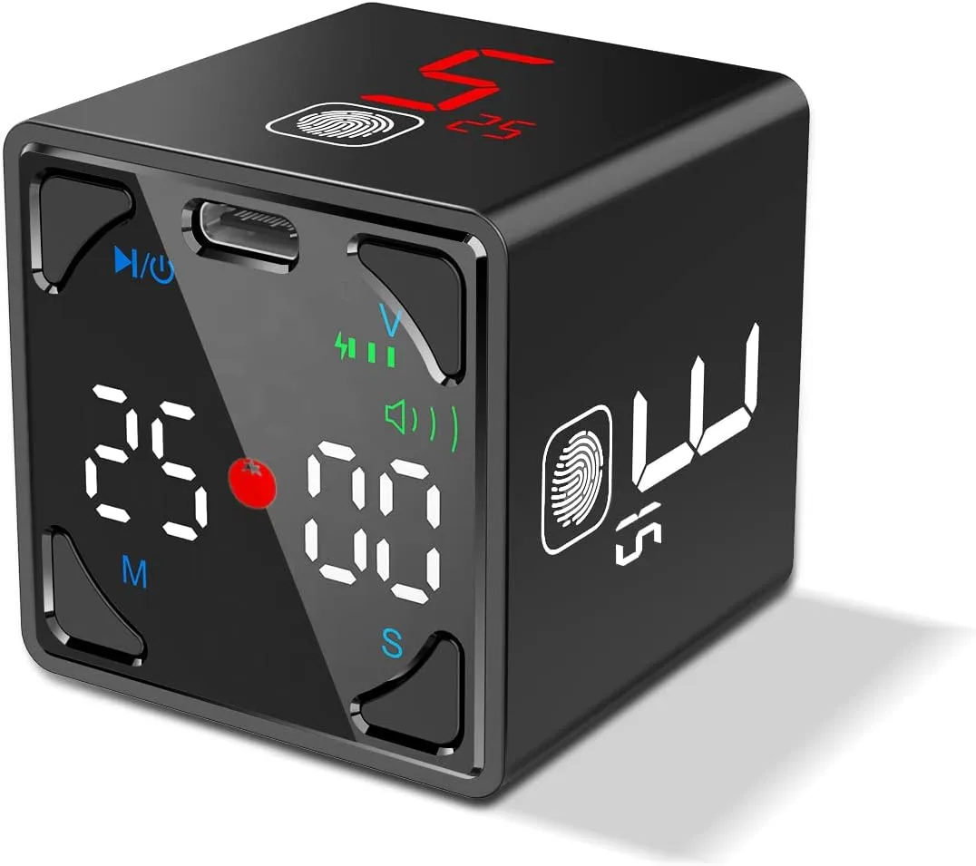 Pomodoro Timer Cube, Digital Productivity Timer, Pause & Resume, Silent, Vibrate & Adjustable Sound Alert, for ADHD, Task, Work, Study, 1/3/5/10/15/25/45/60min & Custom Countdown, Black