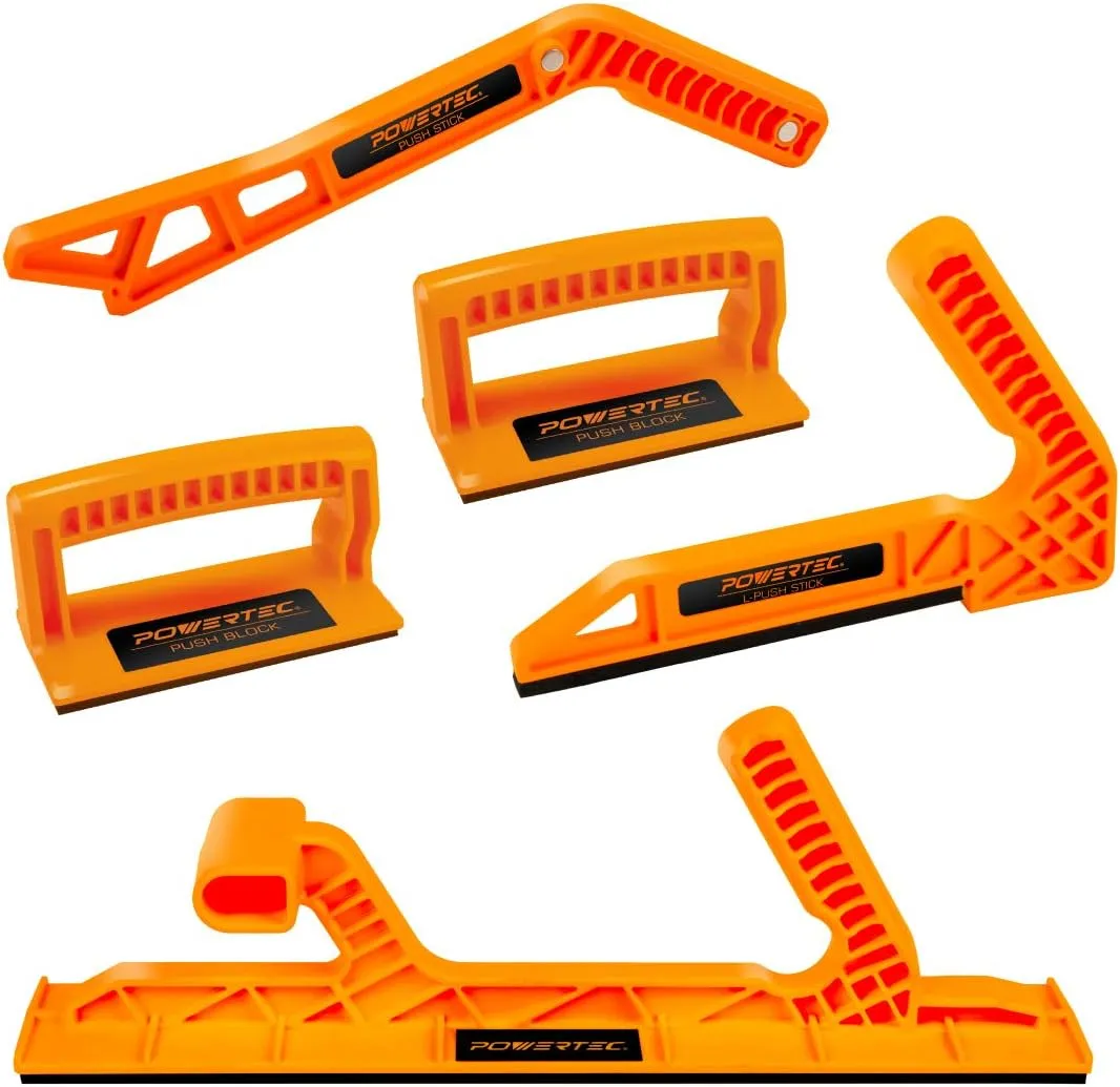 POWERTEC Push Stick & Push Block, L& Magnetic Push Stick Set Fits Table Saw, Router Table, Band Saw & Jointer, Ergonomic Handles w/Max Grip, Pusher Reduces Kickback & Increases Safety. 5PK (71510)