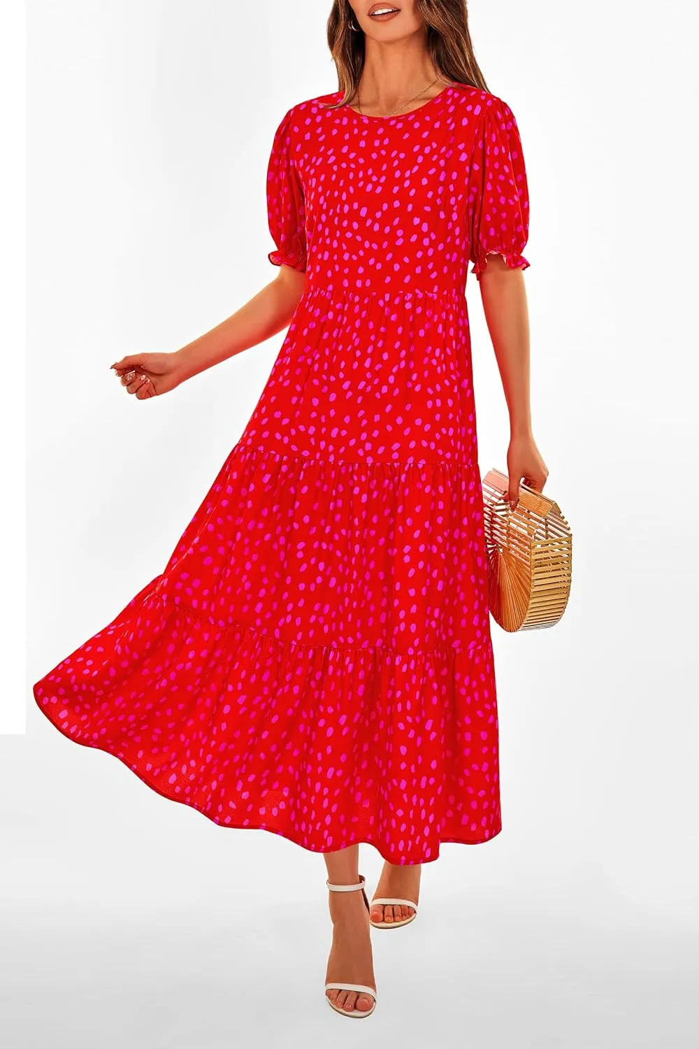 PRETTYGARDEN Women's Summer Casual Floral Boho Dress Puff Short Sleeve Ruffle Flowy Beach Party Midi Dresses