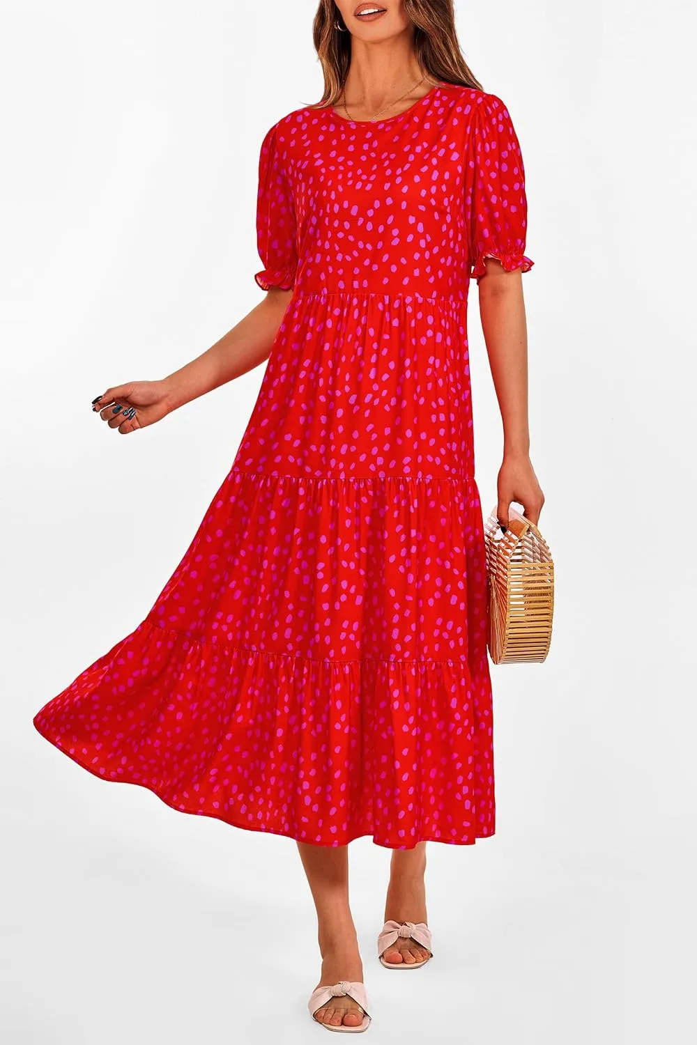 PRETTYGARDEN Women's Summer Casual Floral Boho Dress Puff Short Sleeve Ruffle Flowy Beach Party Midi Dresses