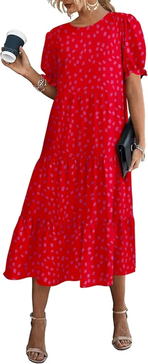 PRETTYGARDEN Women's Summer Casual Floral Boho Dress Puff Short Sleeve Ruffle Flowy Beach Party Midi Dresses