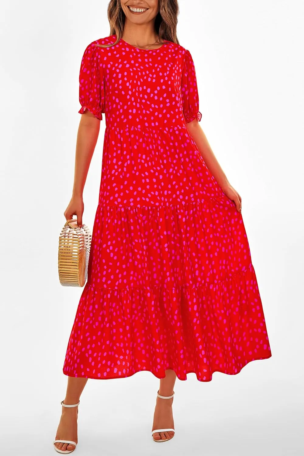 PRETTYGARDEN Women's Summer Casual Floral Boho Dress Puff Short Sleeve Ruffle Flowy Beach Party Midi Dresses