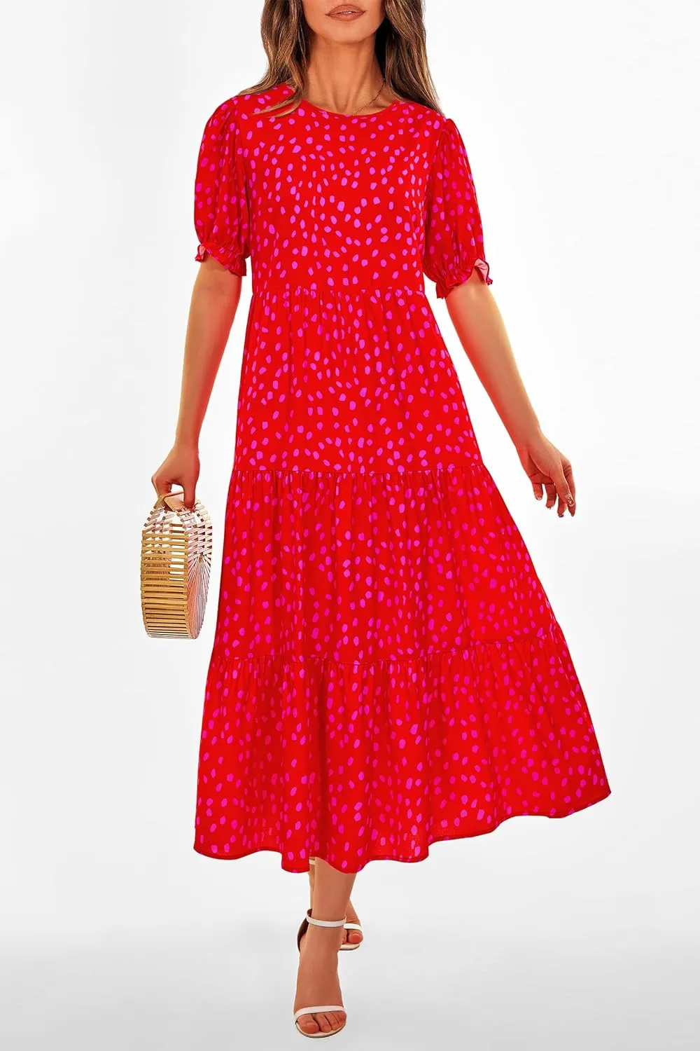 PRETTYGARDEN Women's Summer Casual Floral Boho Dress Puff Short Sleeve Ruffle Flowy Beach Party Midi Dresses