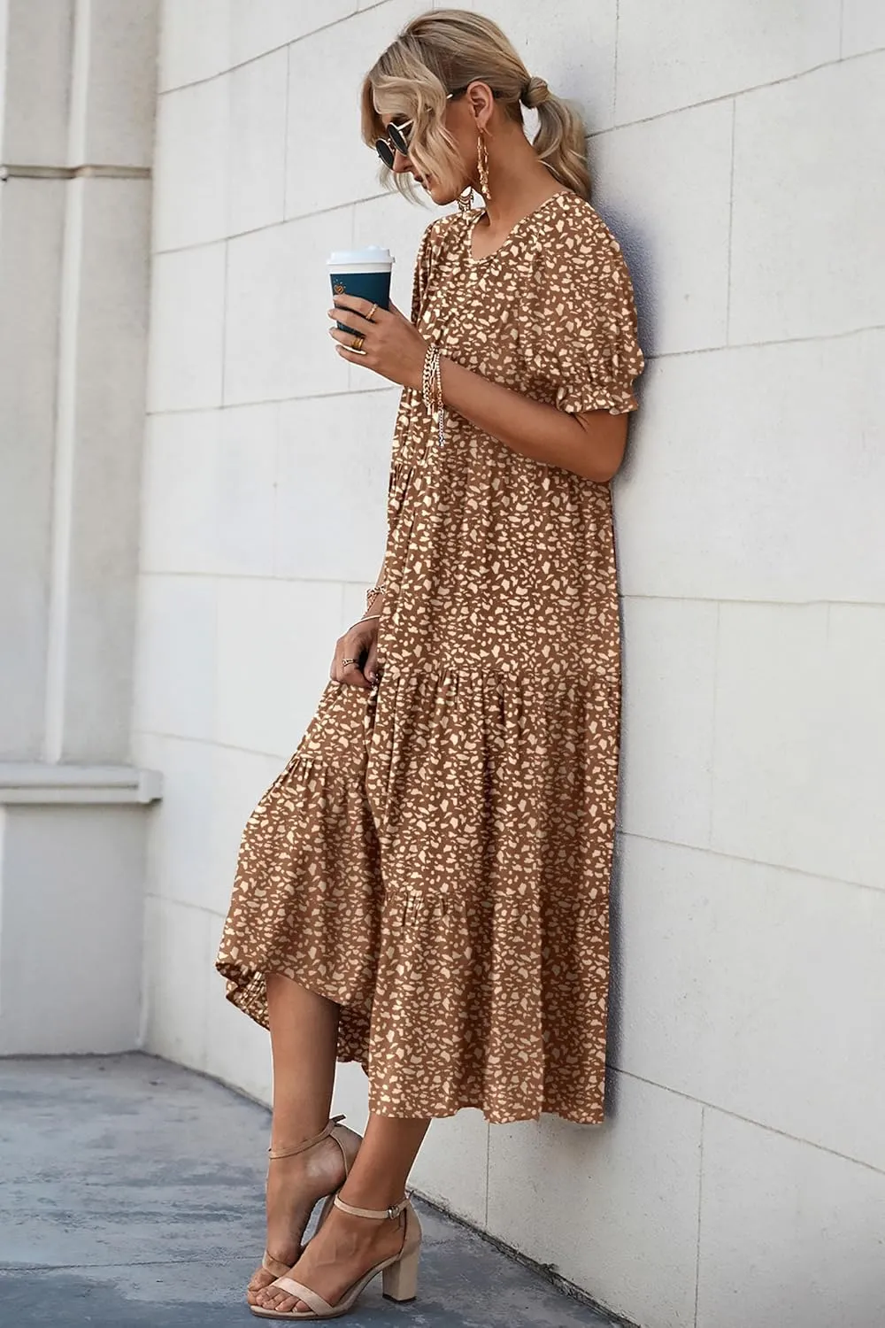PRETTYGARDEN Women's Summer Casual Floral Boho Dress Puff Short Sleeve Ruffle Flowy Beach Party Midi Dresses