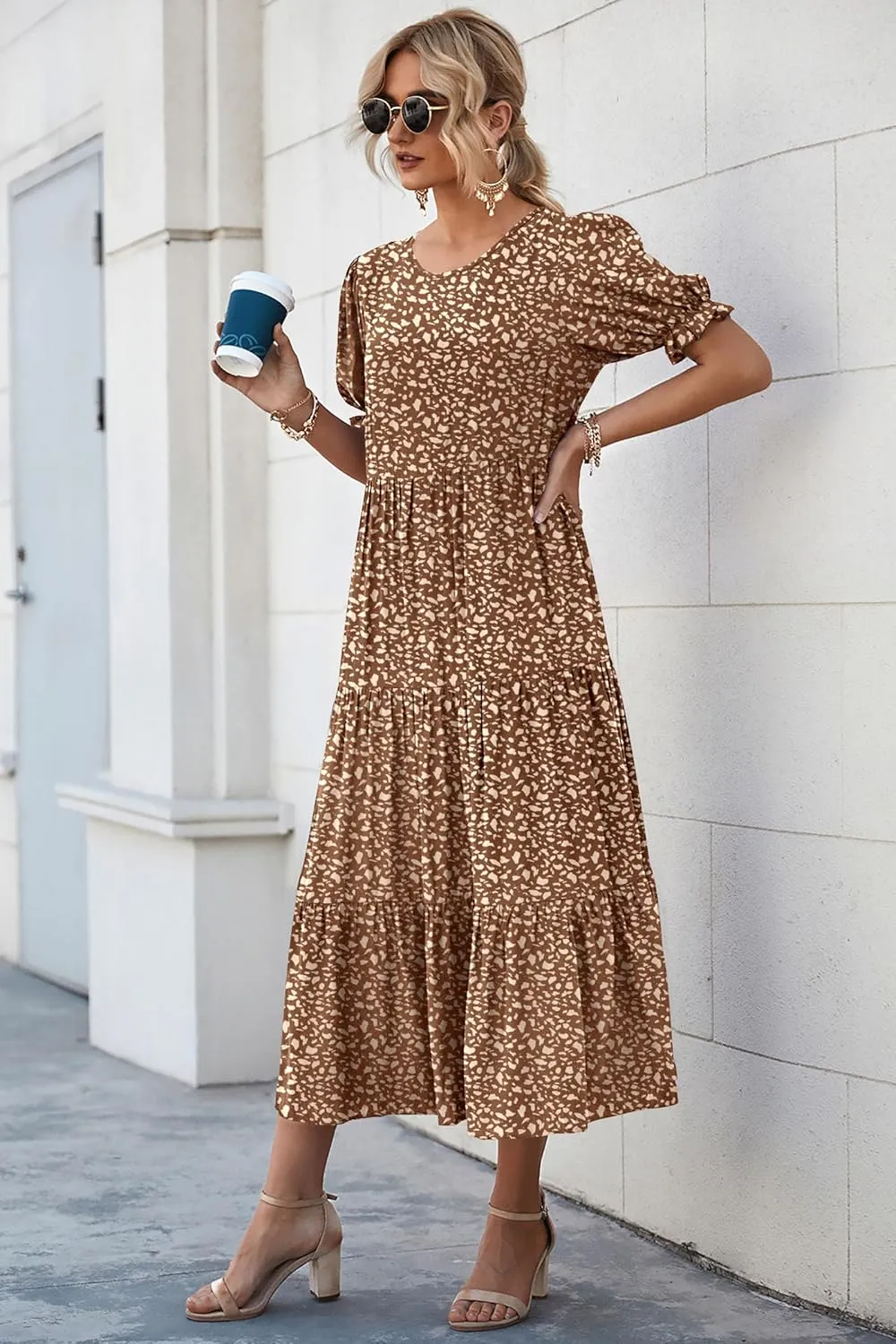 PRETTYGARDEN Women's Summer Casual Floral Boho Dress Puff Short Sleeve Ruffle Flowy Beach Party Midi Dresses