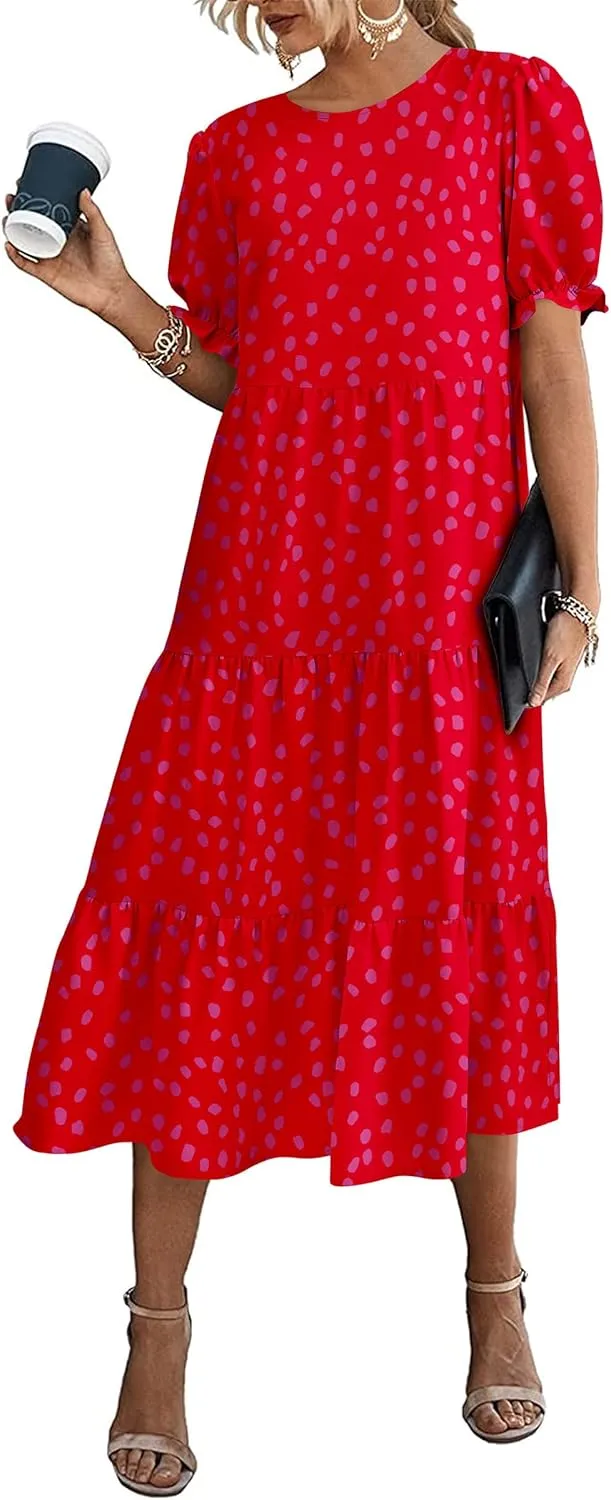 PRETTYGARDEN Women's Summer Casual Floral Boho Dress Puff Short Sleeve Ruffle Flowy Beach Party Midi Dresses