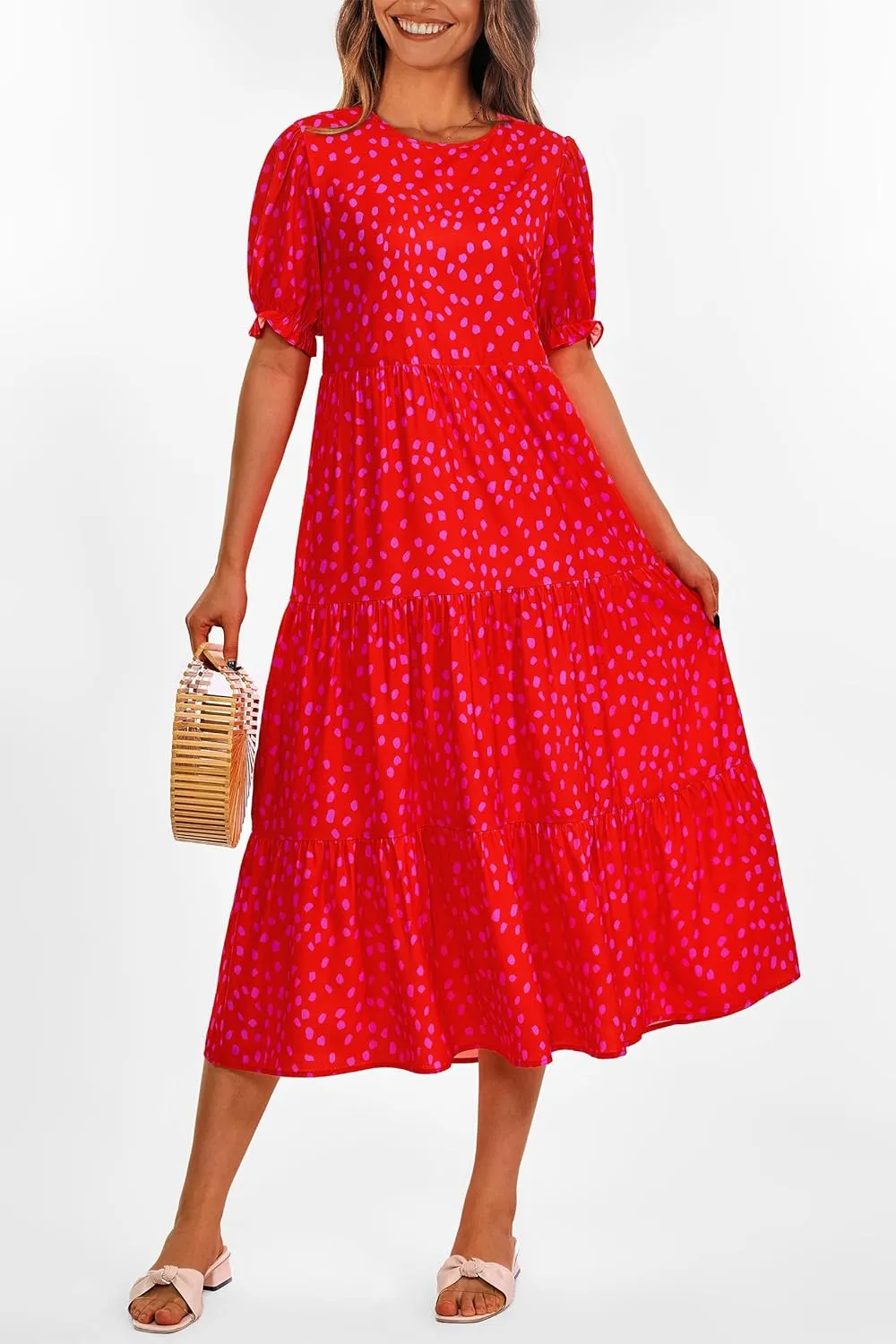 PRETTYGARDEN Women's Summer Casual Floral Boho Dress Puff Short Sleeve Ruffle Flowy Beach Party Midi Dresses