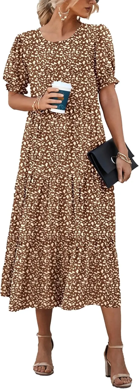 PRETTYGARDEN Women's Summer Casual Floral Boho Dress Puff Short Sleeve Ruffle Flowy Beach Party Midi Dresses