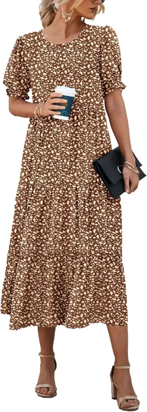 PRETTYGARDEN Women's Summer Casual Floral Boho Dress Puff Short Sleeve Ruffle Flowy Beach Party Midi Dresses