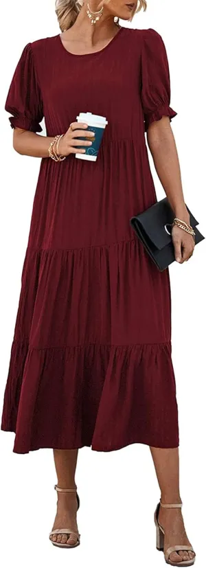 PRETTYGARDEN Women's Summer Casual Floral Boho Dress Puff Short Sleeve Ruffle Flowy Beach Party Midi Dresses