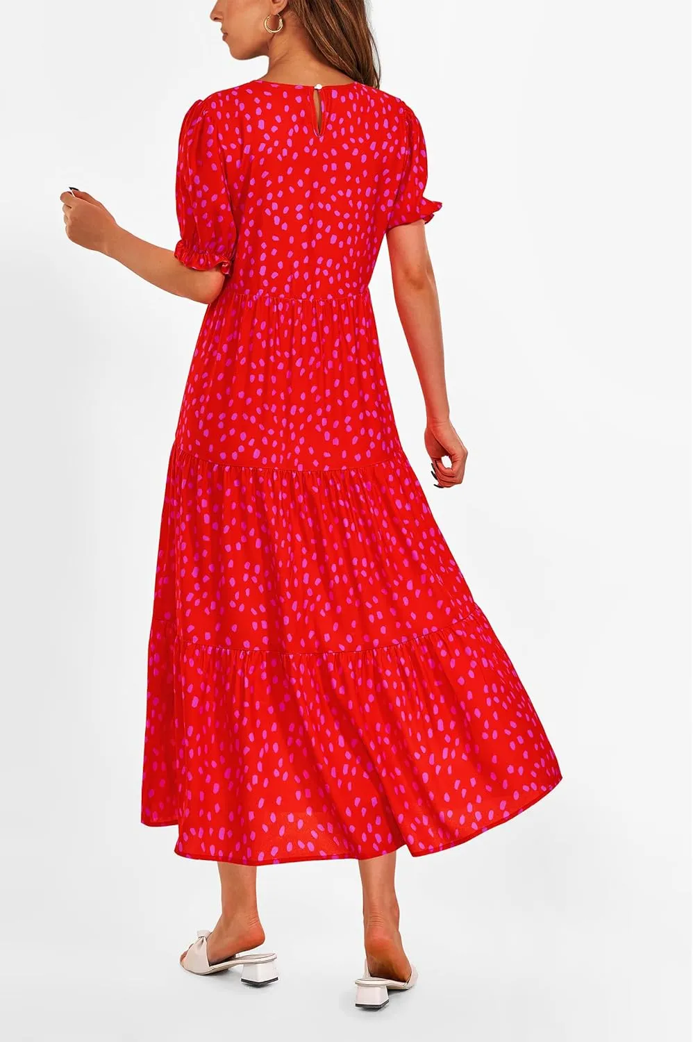 PRETTYGARDEN Women's Summer Casual Floral Boho Dress Puff Short Sleeve Ruffle Flowy Beach Party Midi Dresses