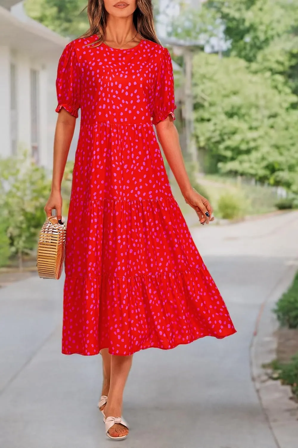 PRETTYGARDEN Women's Summer Casual Floral Boho Dress Puff Short Sleeve Ruffle Flowy Beach Party Midi Dresses