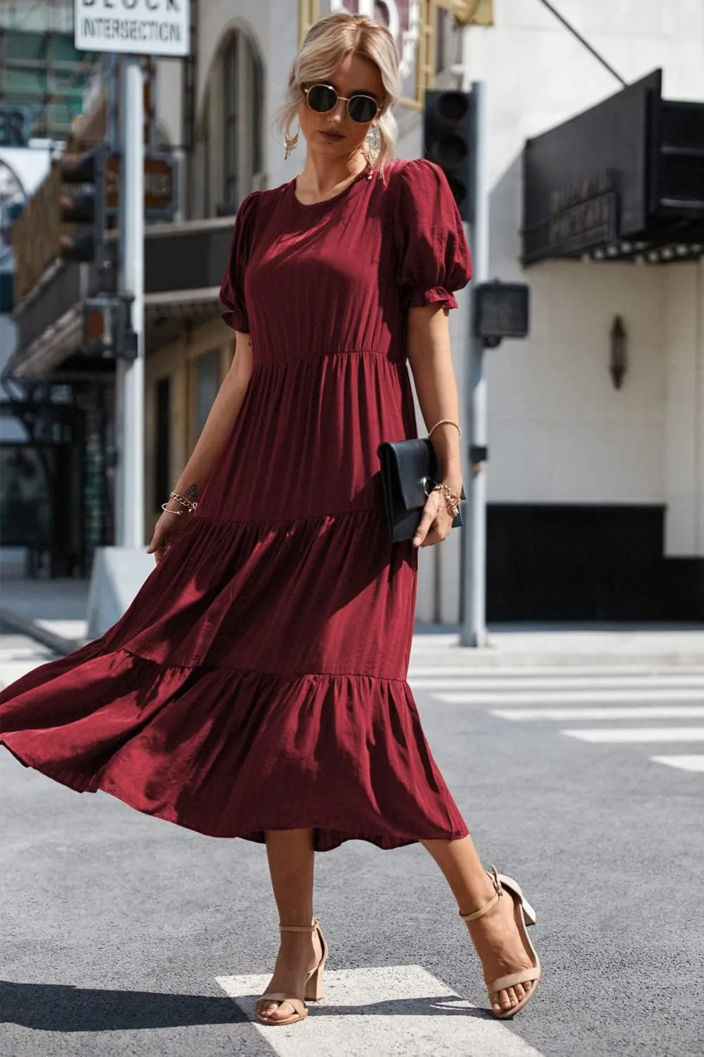 PRETTYGARDEN Women's Summer Casual Floral Boho Dress Puff Short Sleeve Ruffle Flowy Beach Party Midi Dresses