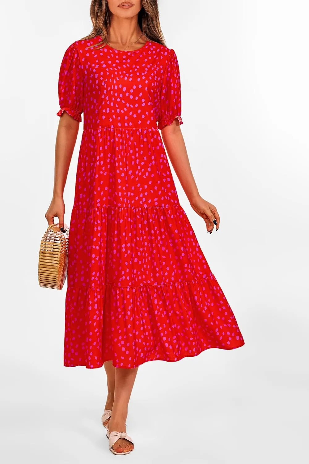 PRETTYGARDEN Women's Summer Casual Floral Boho Dress Puff Short Sleeve Ruffle Flowy Beach Party Midi Dresses