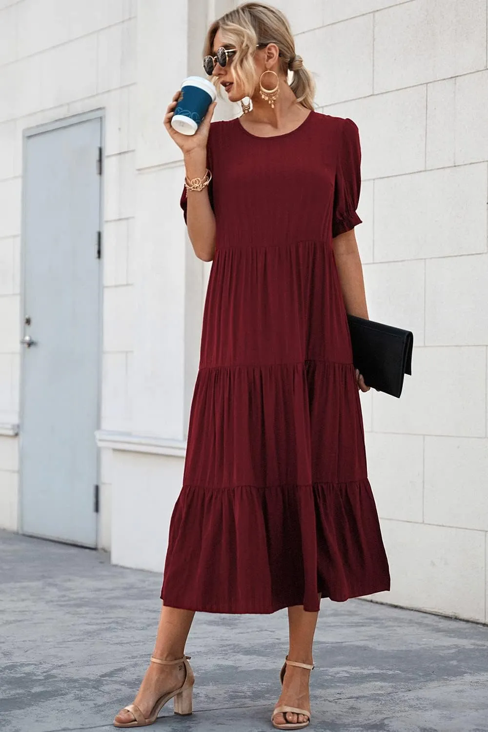 PRETTYGARDEN Women's Summer Casual Floral Boho Dress Puff Short Sleeve Ruffle Flowy Beach Party Midi Dresses