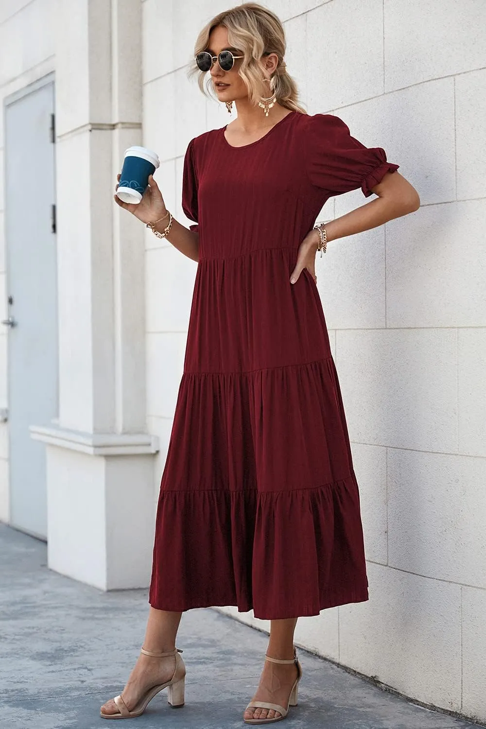 PRETTYGARDEN Women's Summer Casual Floral Boho Dress Puff Short Sleeve Ruffle Flowy Beach Party Midi Dresses