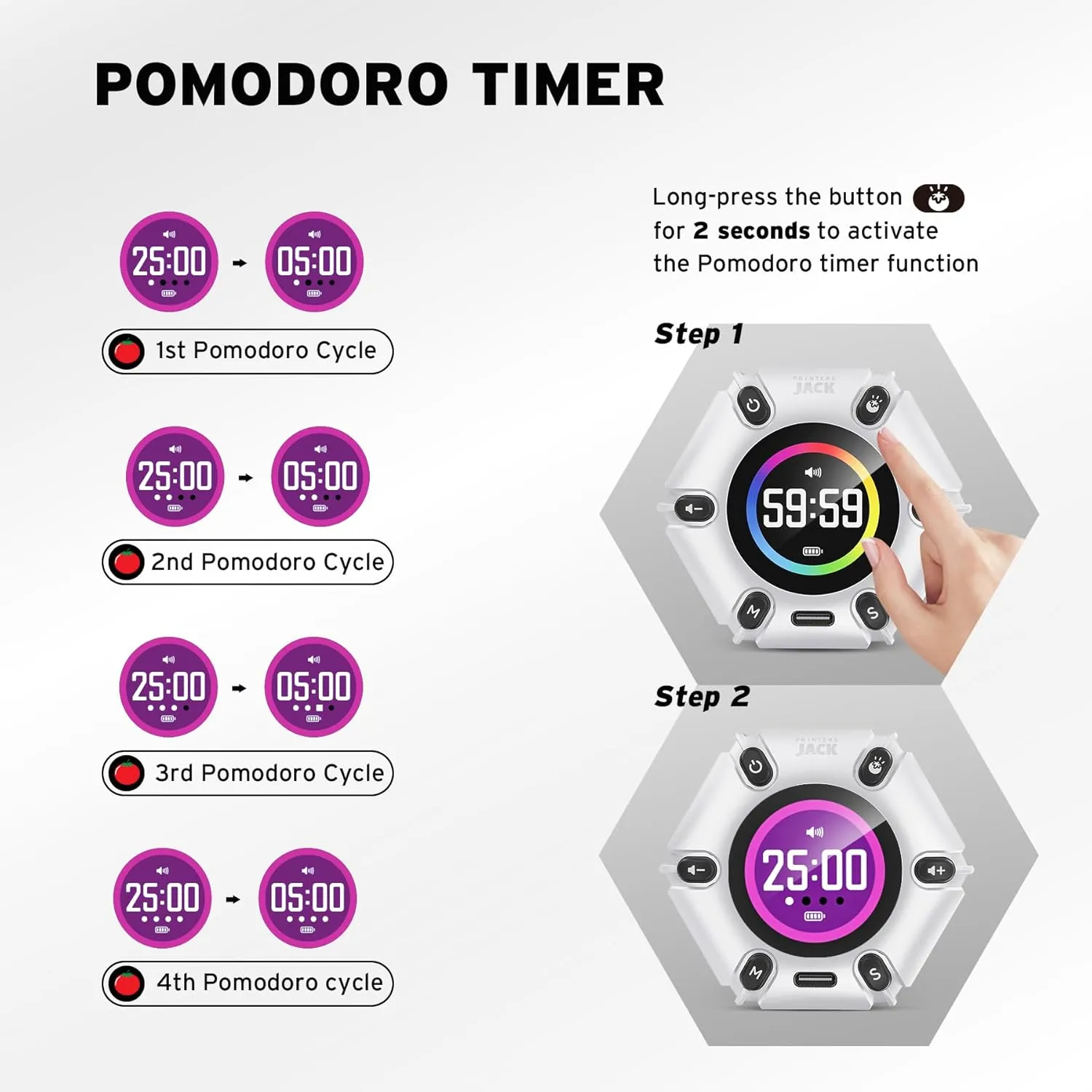 Printers Jack, Productivity Cube Timer, Visual Pomodoro Timer, Mute & Vibration & Adjustable Sound Alert, for Office, ADHD, Study, Work, 3/5/10/25/30/60min & Custom Countdown - Pearl White