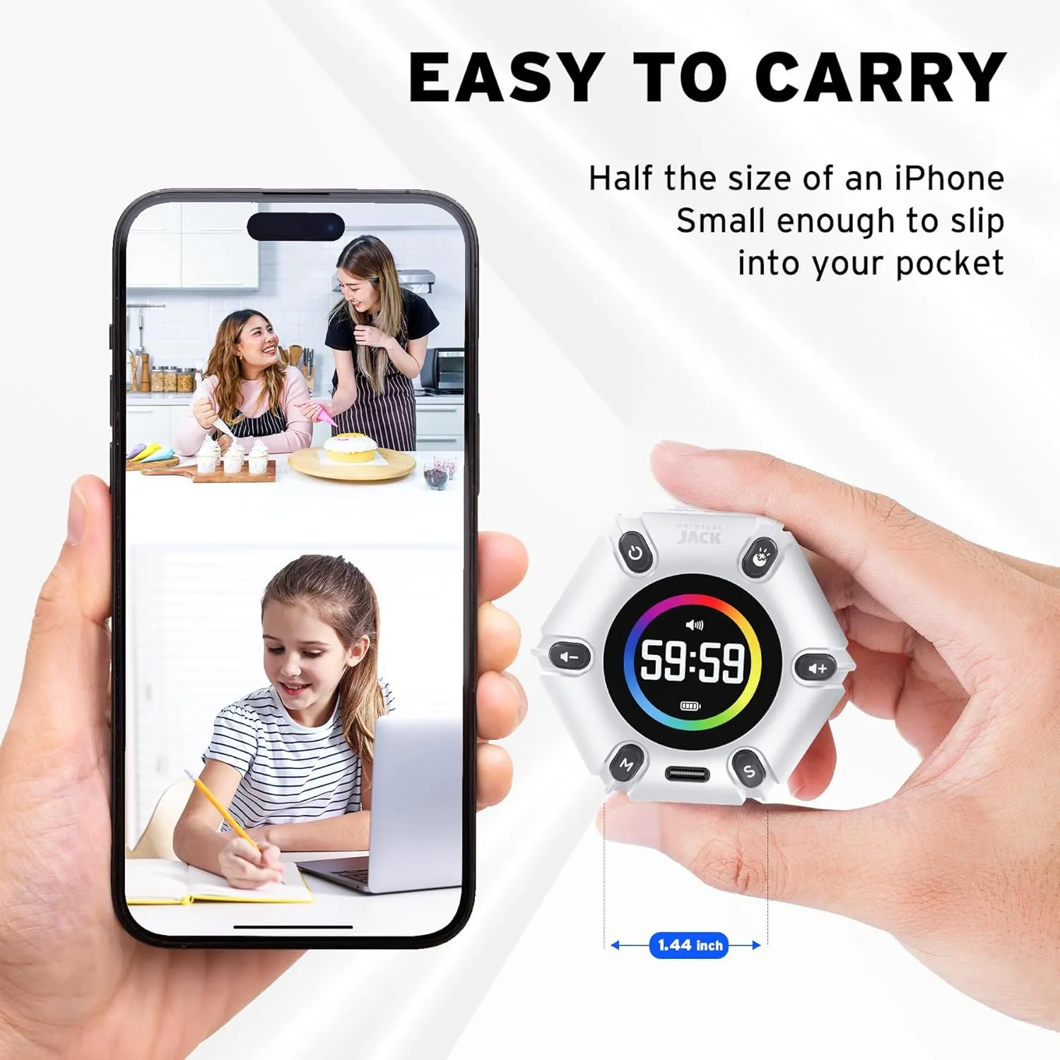 Printers Jack, Productivity Cube Timer, Visual Pomodoro Timer, Mute & Vibration & Adjustable Sound Alert, for Office, ADHD, Study, Work, 3/5/10/25/30/60min & Custom Countdown - Pearl White