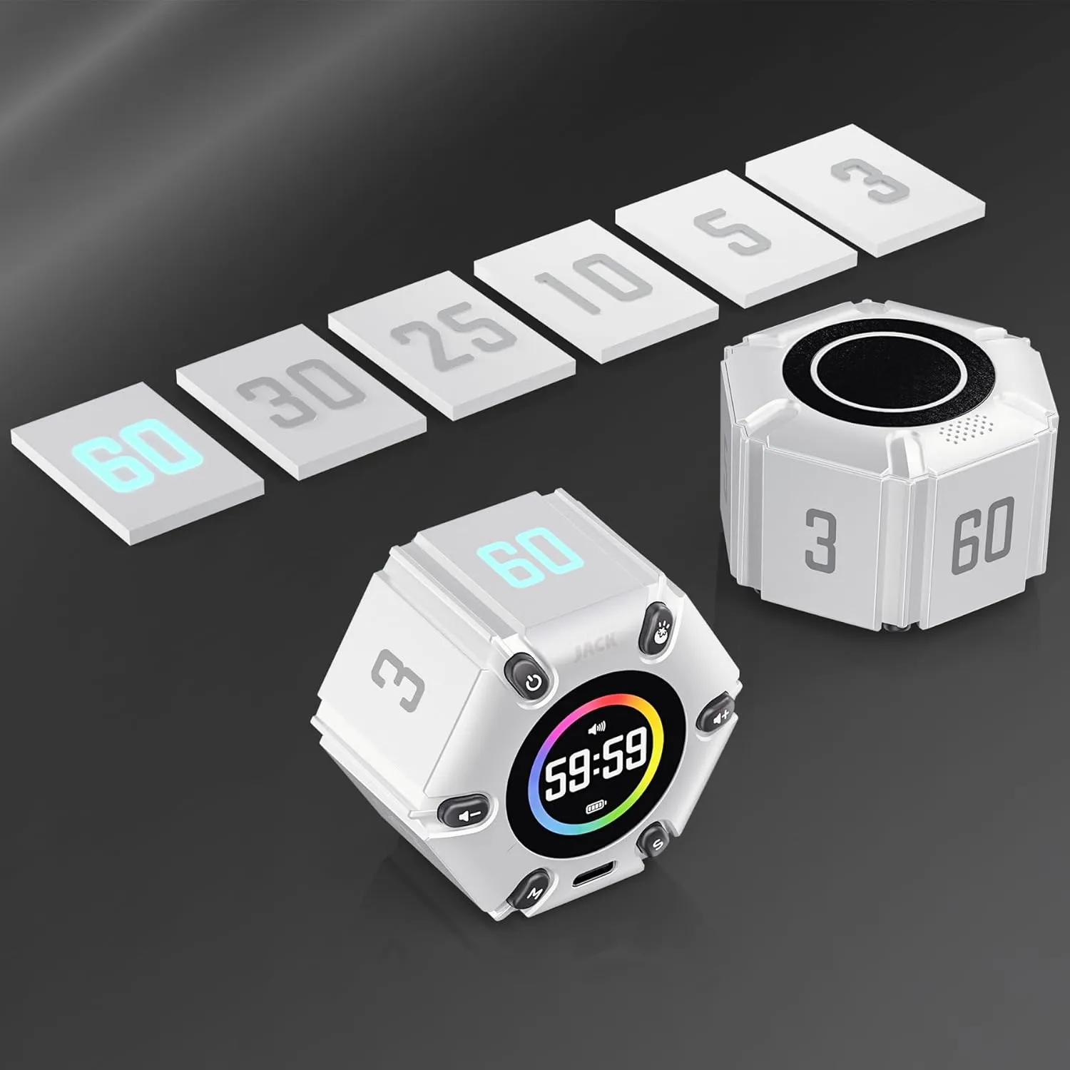 Printers Jack, Productivity Cube Timer, Visual Pomodoro Timer, Mute & Vibration & Adjustable Sound Alert, for Office, ADHD, Study, Work, 3/5/10/25/30/60min & Custom Countdown - Pearl White