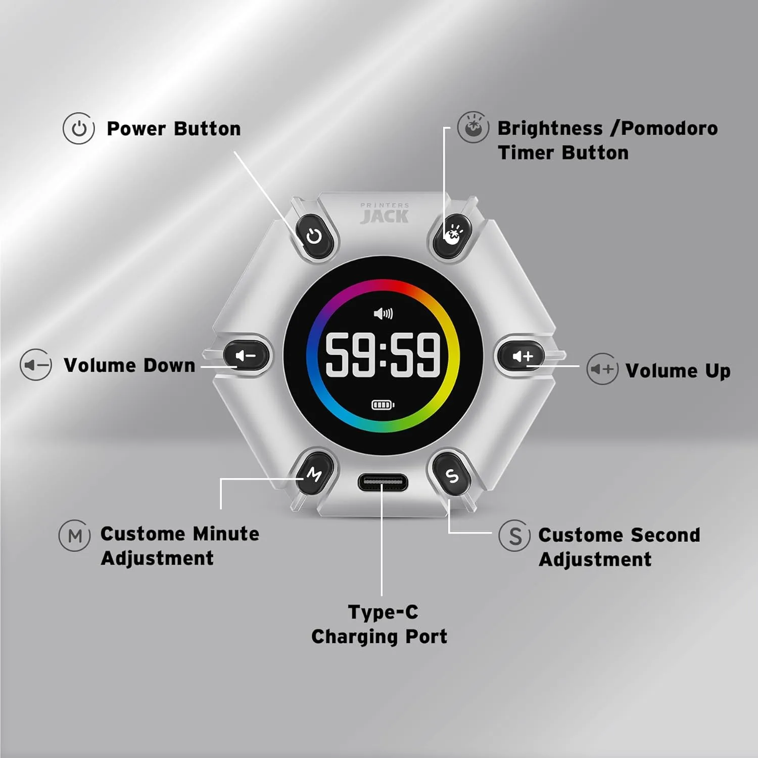 Printers Jack, Productivity Cube Timer, Visual Pomodoro Timer, Mute & Vibration & Adjustable Sound Alert, for Office, ADHD, Study, Work, 3/5/10/25/30/60min & Custom Countdown - Pearl White