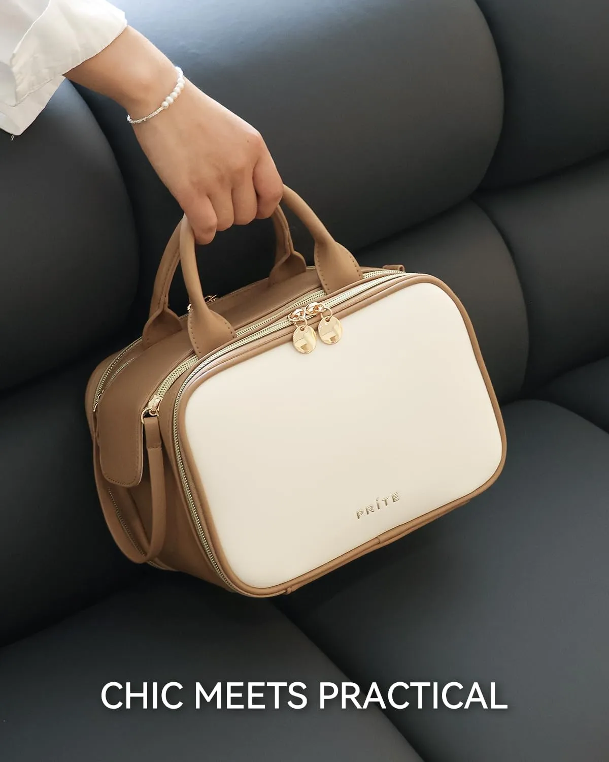 Prite Makeup Bag for Women, Large Capacity Waterproof Travel Cosmetic Organizer, Portable Open Flat Toiletry Bag with Free-standing Brush Holder and Handle(Beige Brown Large)