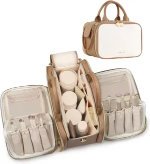 Prite Makeup Bag for Women, Large Capacity Waterproof Travel Cosmetic Organizer, Portable Open Flat Toiletry Bag with Free-standing Brush Holder and Handle(Beige Brown Large)