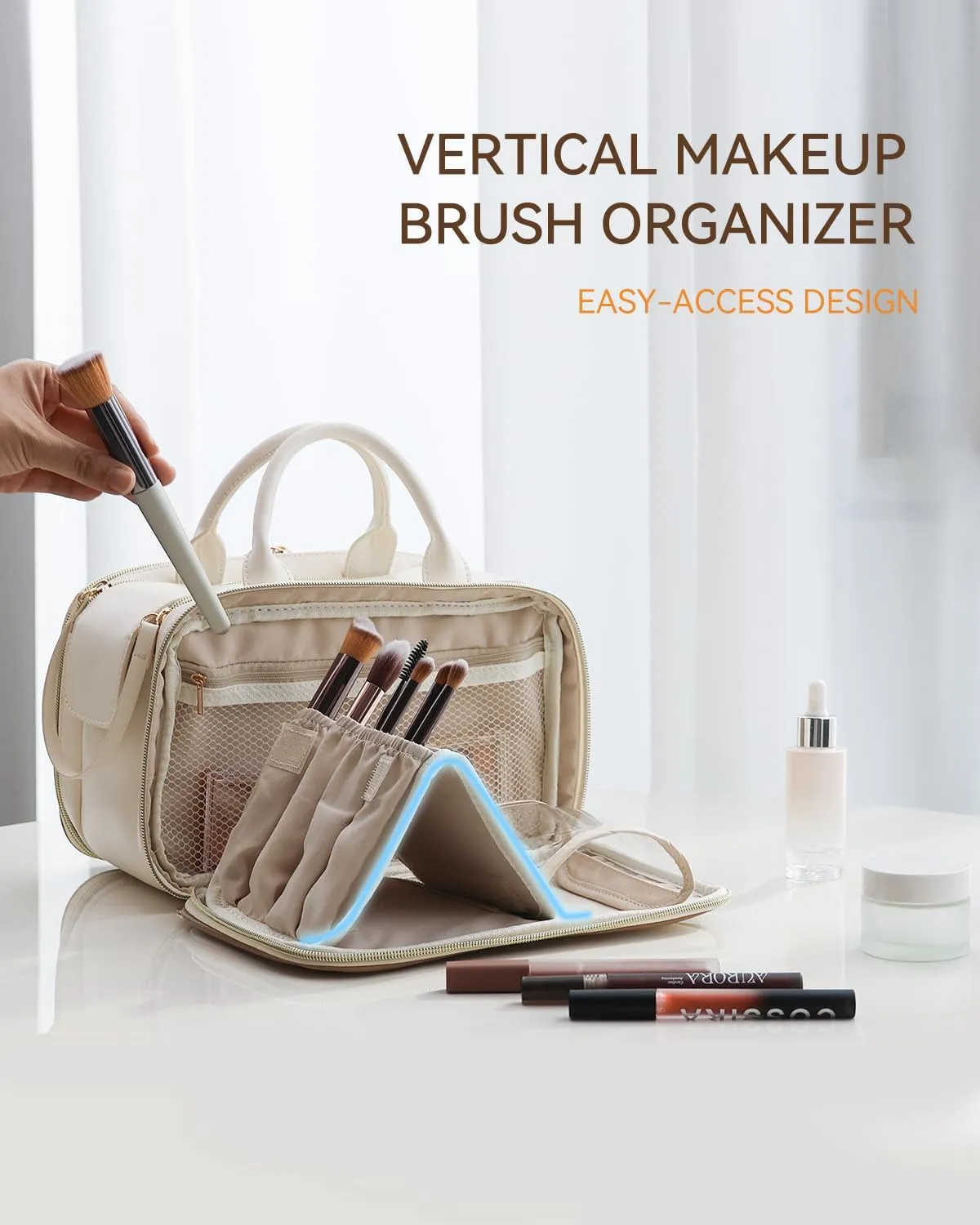 Prite Makeup Bag for Women, Large Capacity Waterproof Travel Cosmetic Organizer, Portable Open Flat Toiletry Bag with Free-standing Brush Holder and Handle(Beige Large)