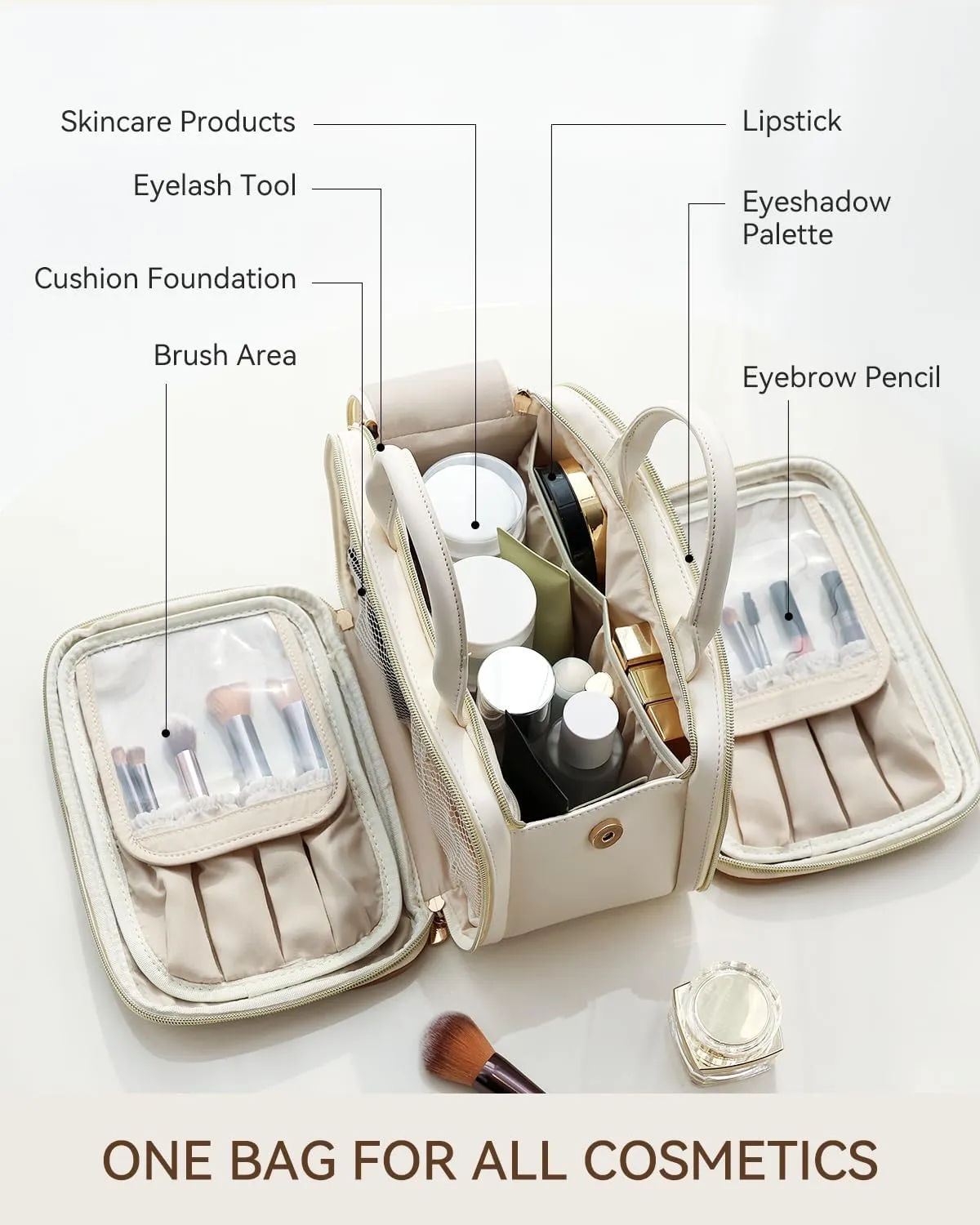 Prite Makeup Bag for Women, Large Capacity Waterproof Travel Cosmetic Organizer, Portable Open Flat Toiletry Bag with Free-standing Brush Holder and Handle(Beige Large)