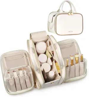 Prite Makeup Bag for Women, Large Capacity Waterproof Travel Cosmetic Organizer, Portable Open Flat Toiletry Bag with Free-standing Brush Holder and Handle(Beige Large)