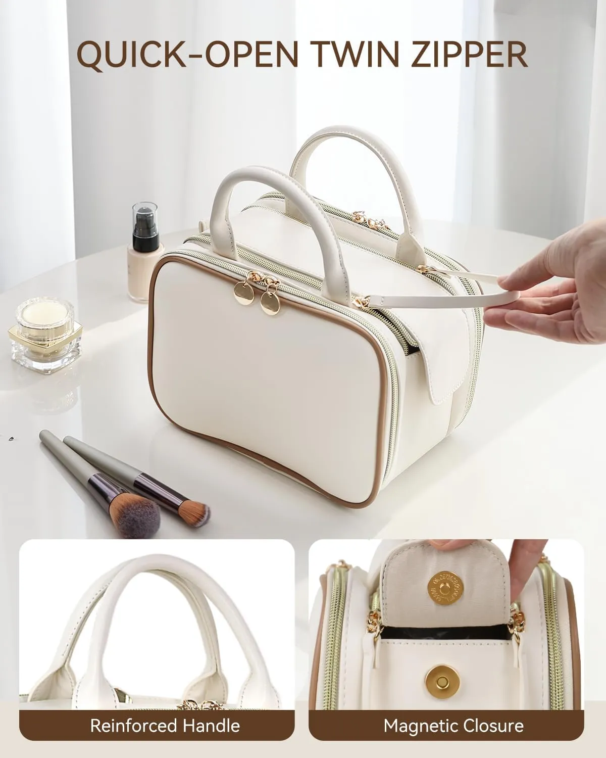 Prite Makeup Bag for Women, Large Capacity Waterproof Travel Cosmetic Organizer, Portable Open Flat Toiletry Bag with Free-standing Brush Holder and Handle(Beige Large)