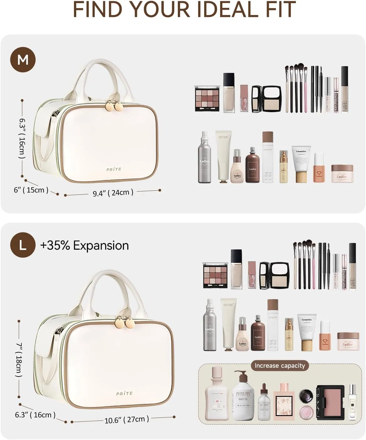 Prite Makeup Bag for Women, Large Capacity Waterproof Travel Cosmetic Organizer, Portable Open Flat Toiletry Bag with Free-standing Brush Holder and Handle(Beige Large)