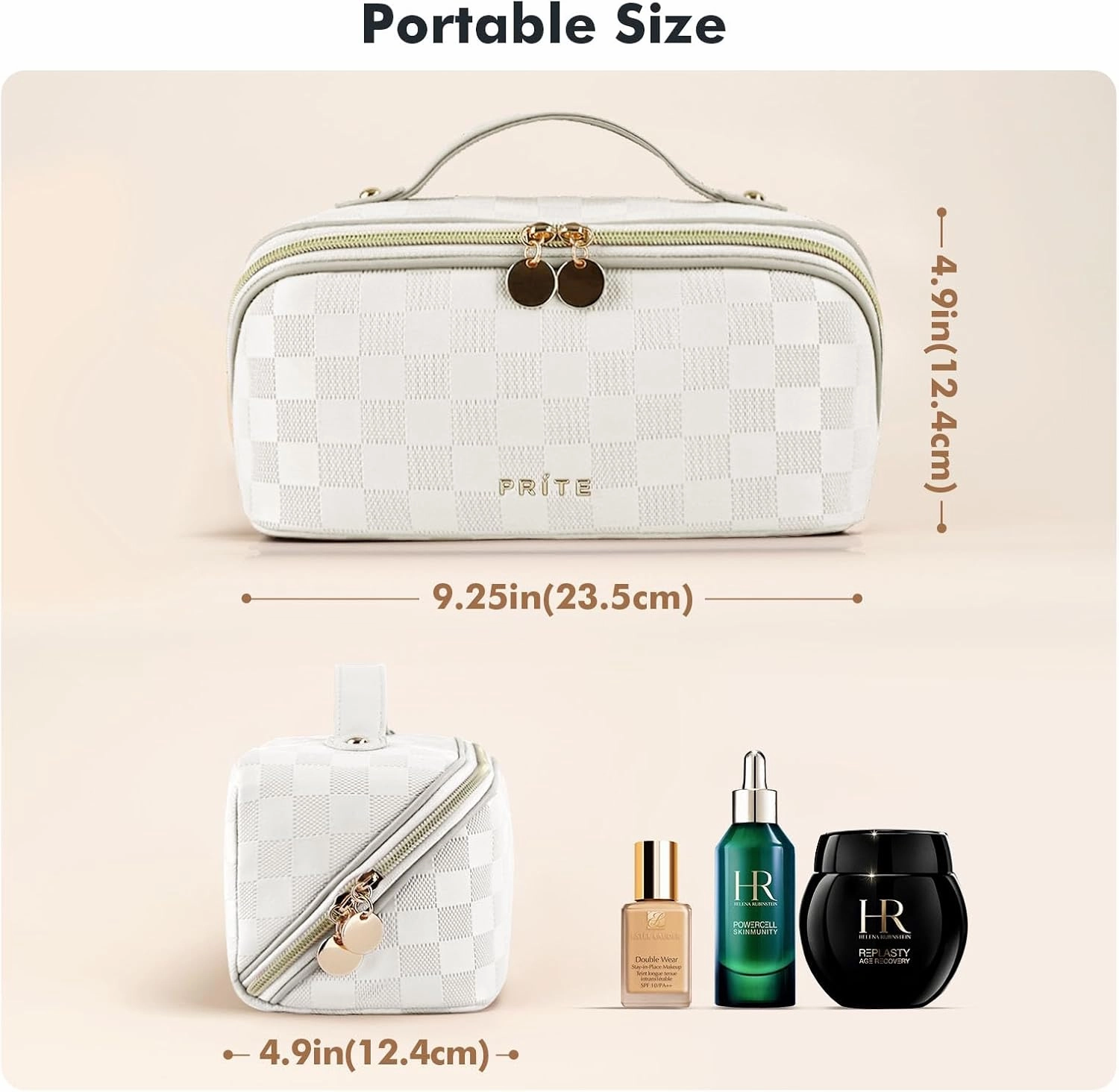 Prite Makeup Bag for Women Travel Waterproof Vegan Leather Cosmetic Bag Open Flat Toiletry Bag With Clear Divider and Handle (Plaid Beige)