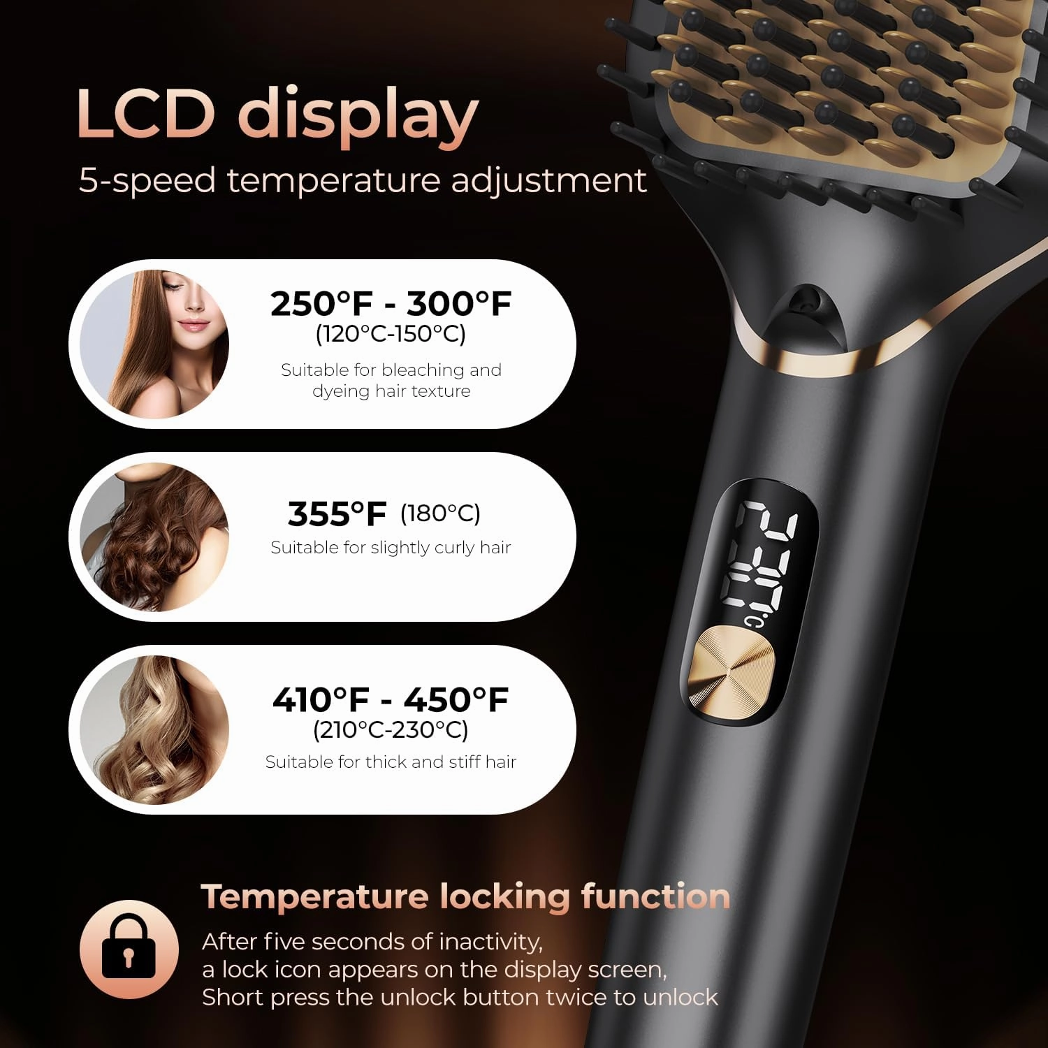 PRITECH Hair Straightening Brush Ionic 250-450°F Fasting Heating Anti-Scald & Auto-Off, Wide Plates Flat Iron Comb Teeth Dual-Voltage Straightener Hot Brush Ionizer Anti-Frizz (Black)