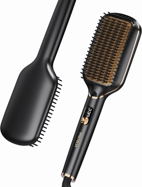 PRITECH Hair Straightening Brush Ionic 250-450°F Fasting Heating Anti-Scald & Auto-Off, Wide Plates Flat Iron Comb Teeth Dual-Voltage Straightener Hot Brush Ionizer Anti-Frizz (Black)