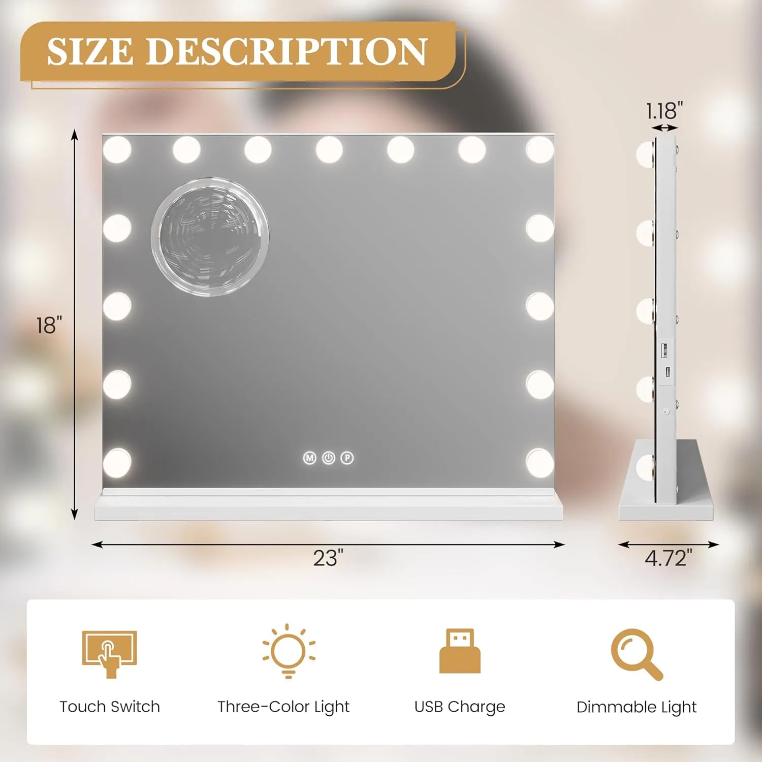 Professional Vanity Mirror with 15 Dimmable LED Bulbs, Tabletop Makeup Mirror with 3 Lighting Modes and 3x Magnification, Smart Touch Controls, Dressing Rooms&Bedrooms, Tabletop or Wall Mount, White