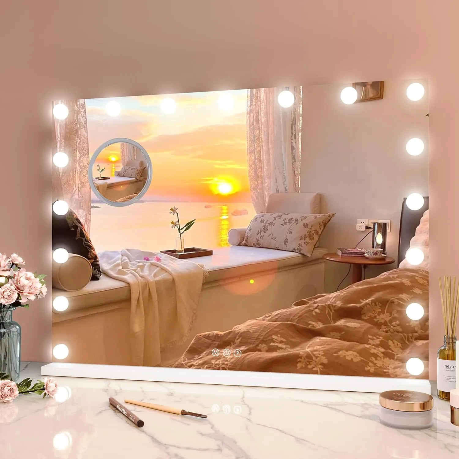 Professional Vanity Mirror with 15 Dimmable LED Bulbs, Tabletop Makeup Mirror with 3 Lighting Modes and 3x Magnification, Smart Touch Controls, Dressing Rooms&Bedrooms, Tabletop or Wall Mount, White