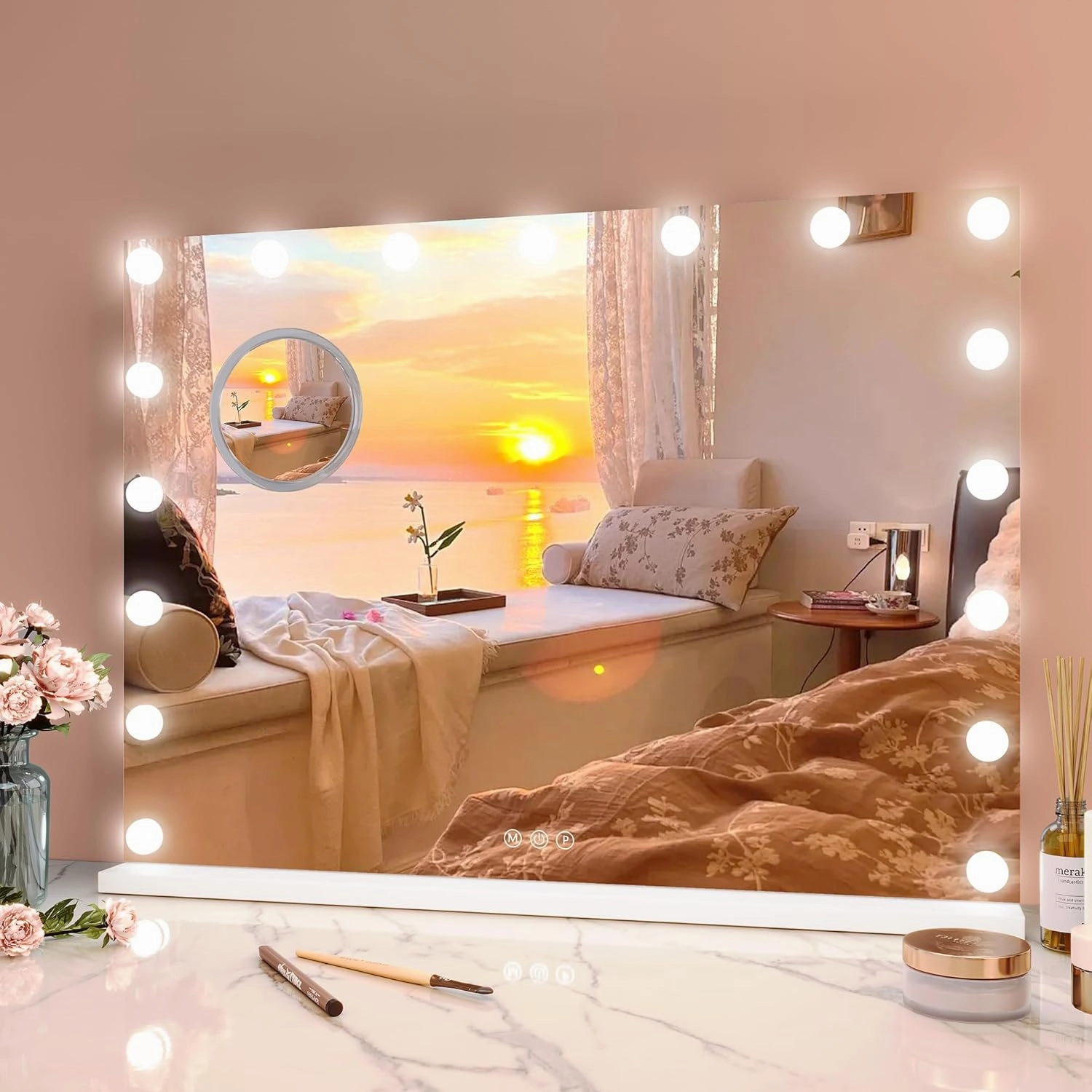 Professional Vanity Mirror with 15 Dimmable LED Bulbs, Tabletop Makeup Mirror with 3 Lighting Modes and 3x Magnification, Smart Touch Controls, Dressing Rooms&Bedrooms, Tabletop or Wall Mount, White